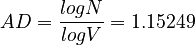 A D= \frac{logN}{logV}=1.15249