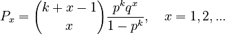  P_x = {k+x-1 \choose x}\frac{p^k q^x}{1-p^k}, \quad x= 1, 2, ...
